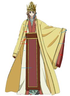 the image shows an anime character dressed in traditional asian clothing. they are wearing a long yellow robe with long, flowing sleeves. the robe has a red sash around the waist and a gold crown on top of their head. the character has long, reddishbrown hair and is standing with their arms out to the sides. they are wearing formal attire, possibly indicative of royalty or nobility.  the clothing style resembles that of ancient chinese, japanese, or korean cultures.