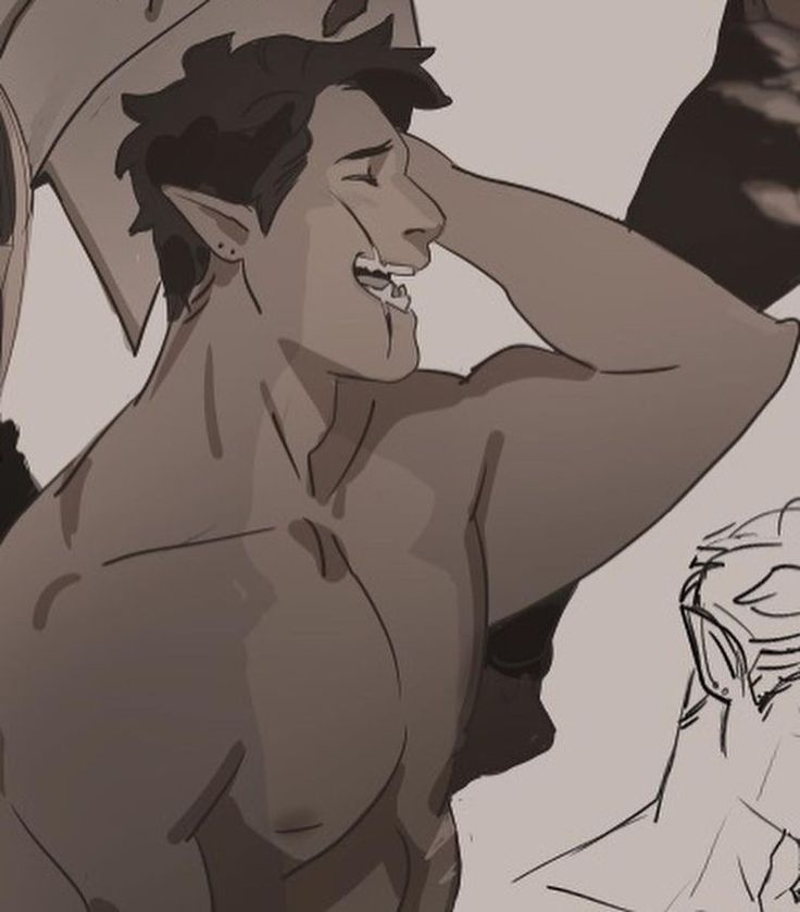 a closeup digital drawing of a man with black hair and brown skin. he is shirtless and his upper body is facing the viewer. he is smiling and his hand is on his shoulder. the background is blurred and the image is in the style of anime.