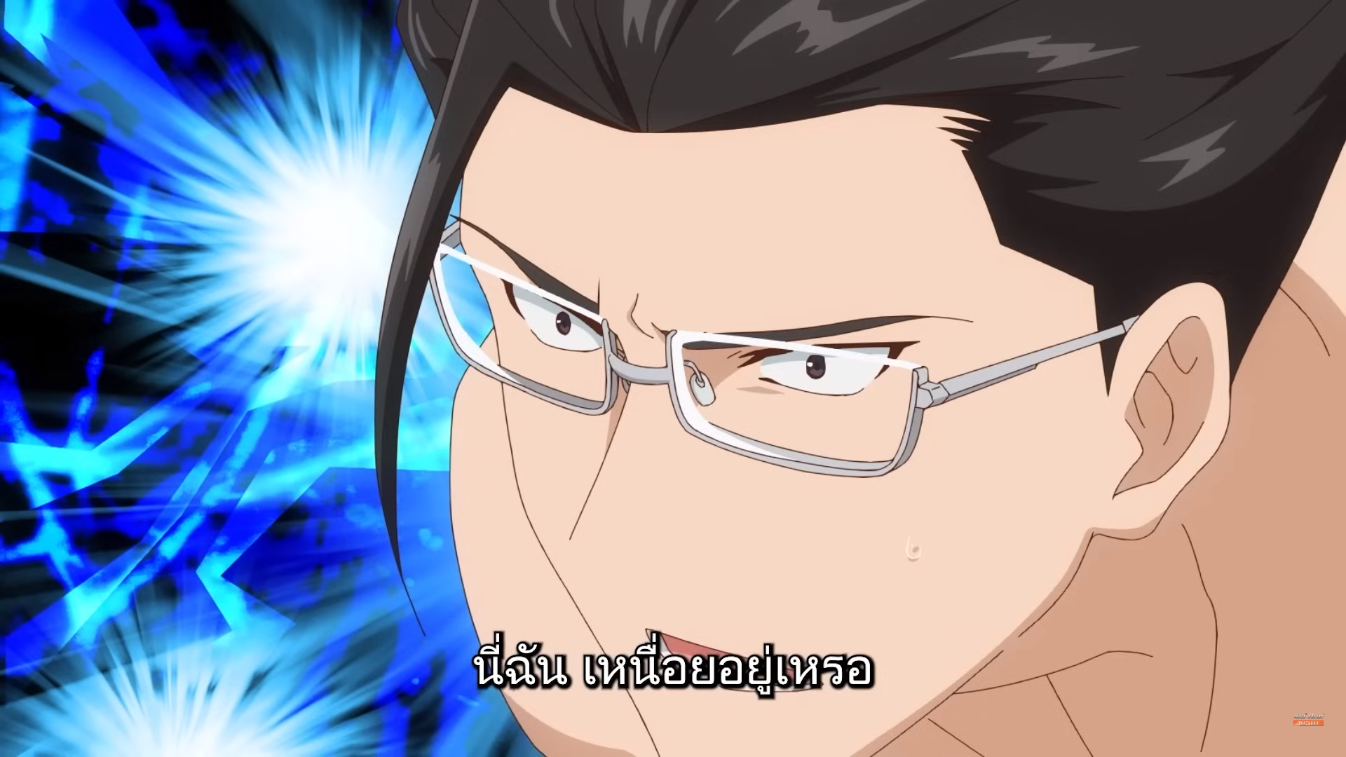 this image features a closeup illustration of a man with dark hair and glasses. he appears to be serious and determined, conveying a sense of intensity. the background features abstract shapes and blue and white lighting effects, further emphasizing the dramatic atmosphere.