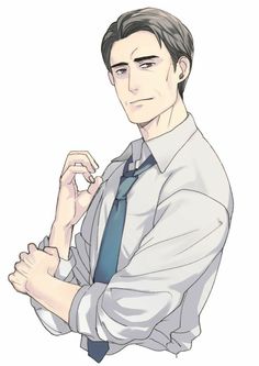 the image shows a man in a white shirt and blue tie. he has short, dark hair and a serious expression. he is adjusting his shirt sleeve with his left hand. the image has a white background and is drawn in a realistic style.