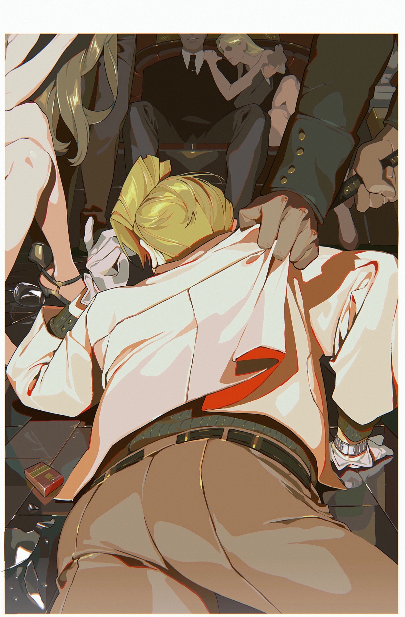 an illustration depicting a blondehaired man kneeling on the floor, his white shirt being held by a man's hand. behind him, another man in a suit sits with a blonde woman, and a woman's leg is visible. a pack of cigarettes rests on the floor. the scene suggests an atmosphere of tension and potential violence.