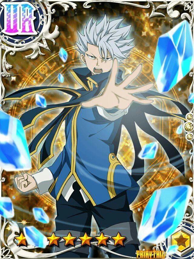 this is an anime card from the game fairy tail. the image shows a male character from the anime fairy tail in a blue jacket with gold trim, holding out his hand with blue magic gems, crystals, or diamonds around him. he is a silverhaired character with darkblue eyes. he is surrounded by gold stars on a brown background. the card has a gold, black, and white frame around the character. the text on the card says "fairy tail".