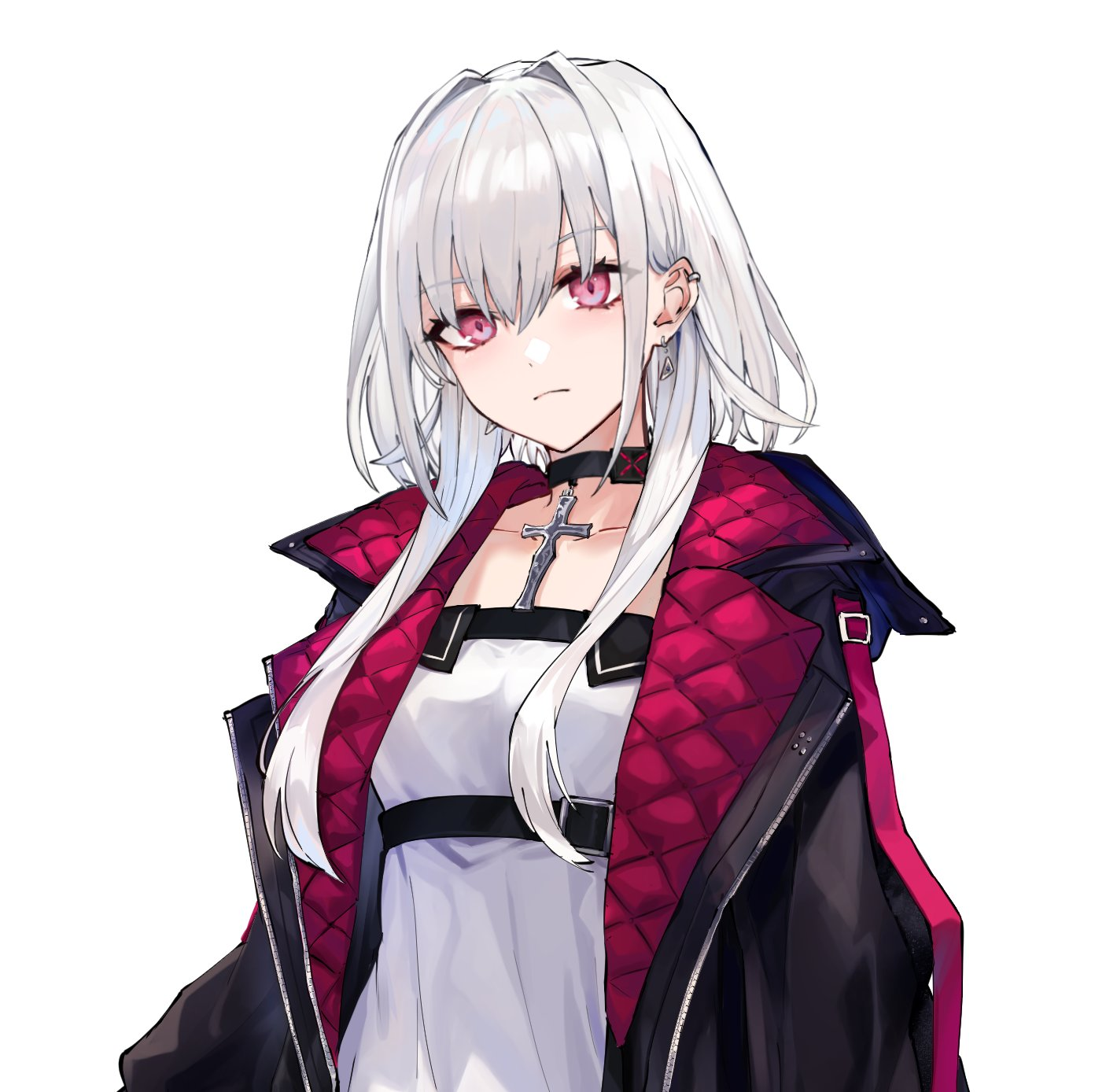 the image is a digital illustration of a young woman with long white hair and striking red eyes. she wears a black and red hooded jacket with a diamond quilted pattern, a white top, and a silver cross choker. she is depicted in a frontal perspective, her expression serious and slightly aloof. the overall style is reminiscent of anime and manga.
