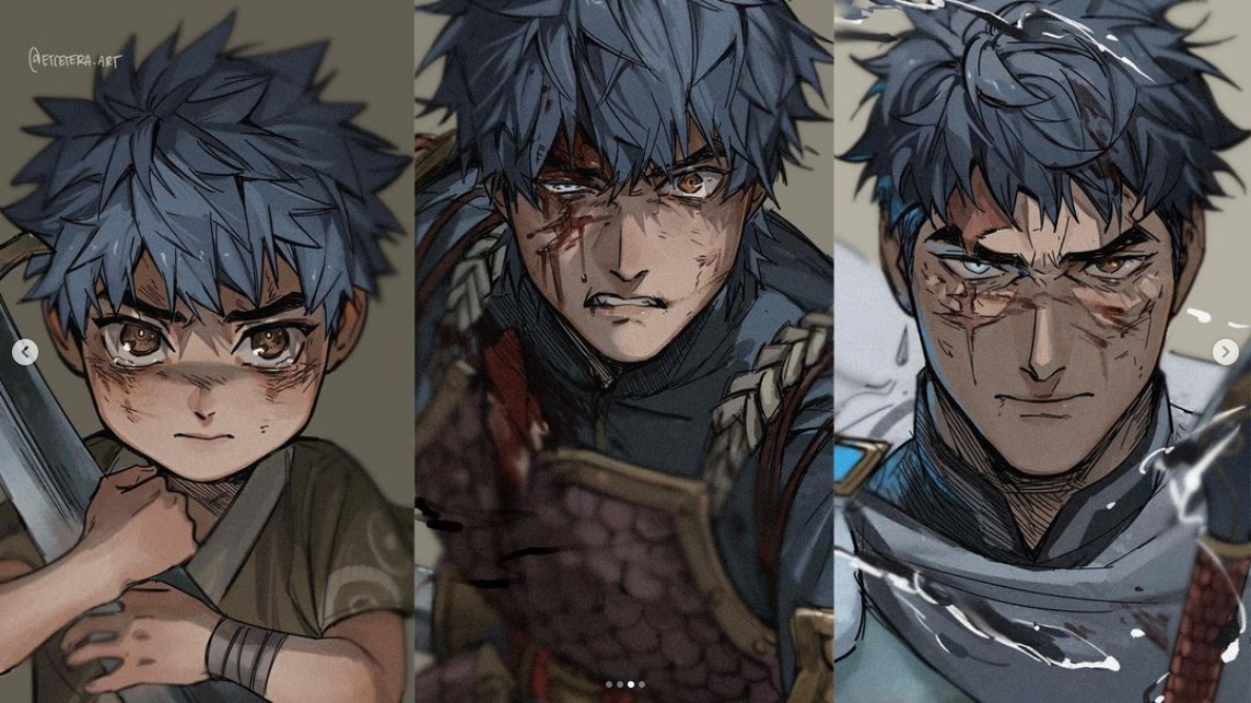 a triptych illustration showcases a male character with blue hair at three different ages, growing progressively older from left to right. each portrait highlights the character's battle scars, which increase with each passing stage of life. the character's expression remains resolute and determined throughout the portraits, emphasizing a life of combat and hardship.