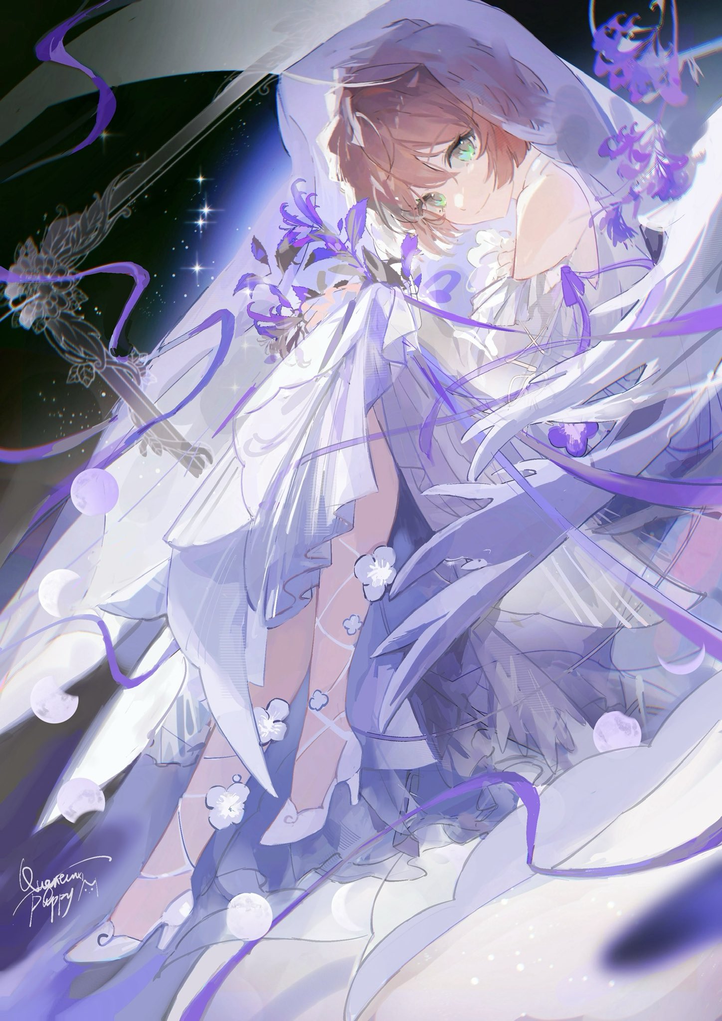 this artwork is a digital illustration of a young woman with long brown hair. she is wearing a white dress with purple and blue accents. she appears to be in a magical forest at night, surrounded by stars, flowers, and moonlight. the artwork has a dreamy and ethereal feel.