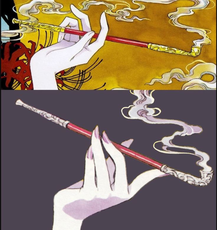 the image shows two similar illustrations. the top one features a white hand holding a red pipe with a golden, decorative mouthpiece against a yellow background with white smokelike patterns and dark red spider lilies. the bottom illustration depicts another white hand with long, manicured fingernails holding a similar red pipe with a silver, decorative mouthpiece. smoke is coming out of the pipe against a dark purple background. both images are stylized drawings.