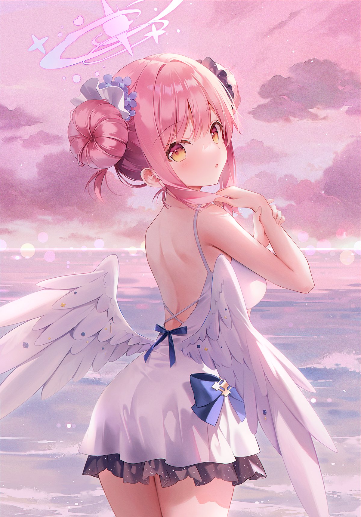 he image is a digital illustration of a cute anime girl with long pink hair styled in buns, adorned with a white dress and large, feathery angel wings. she's standing on a beach with a soft, pastel sunset in the background, creating a dreamy and romantic atmosphere. the overall style is kawaii and fantasylike, with celestial elements such as stars incorporated into the artwork. the girl's expression is gentle and serene, enhancing the peaceful mood of the image. the color palette primarily consists of soft pinks, purples, and whites.