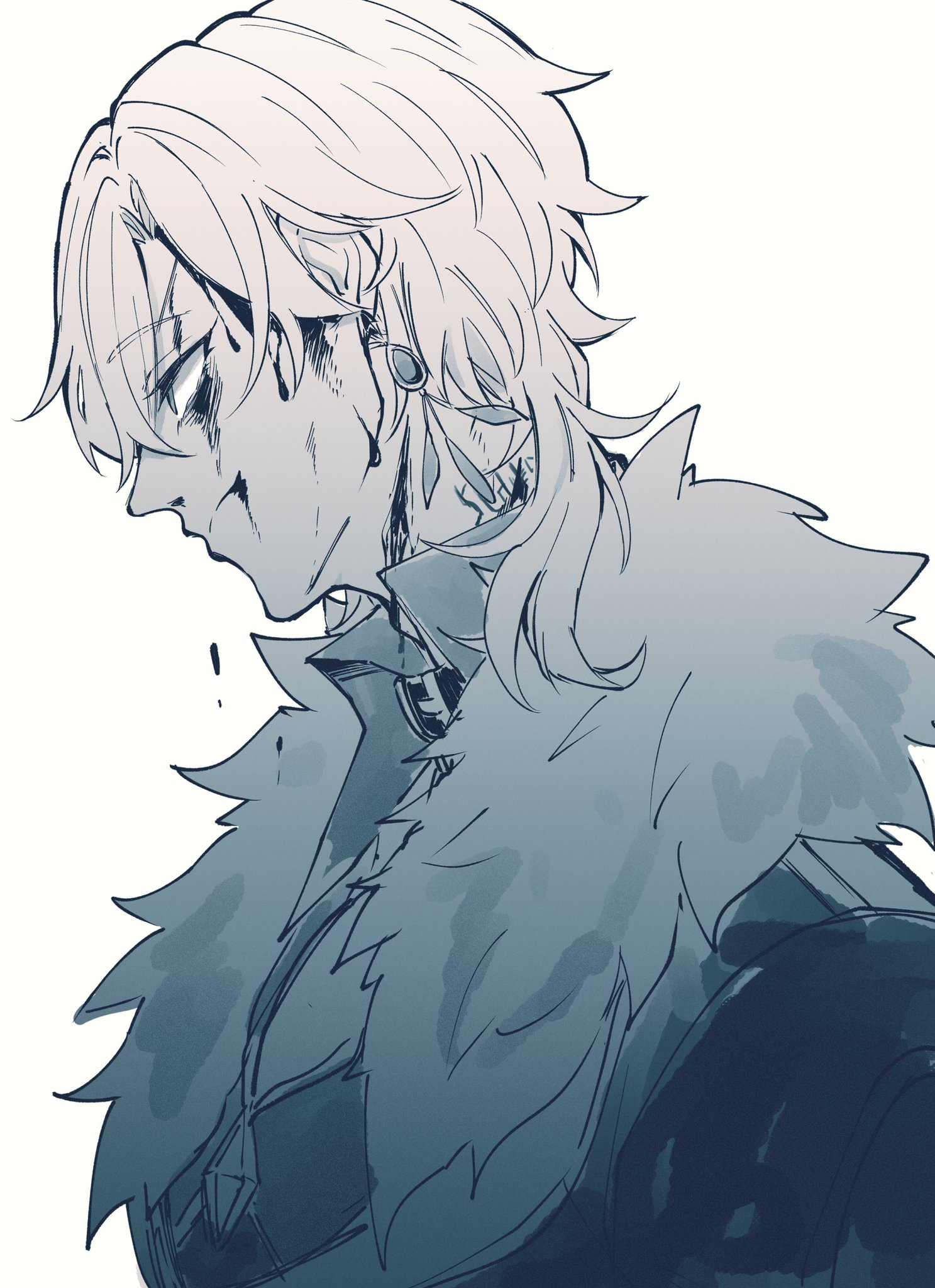 this is a drawing of an anime character, a male with long white hair. he is wearing a furcollared coat, and his face is marked with blood. he is looking down and appears to be very sad and in pain. the drawing is in a black and white sketch style with shades of grey and blue. the background is white.