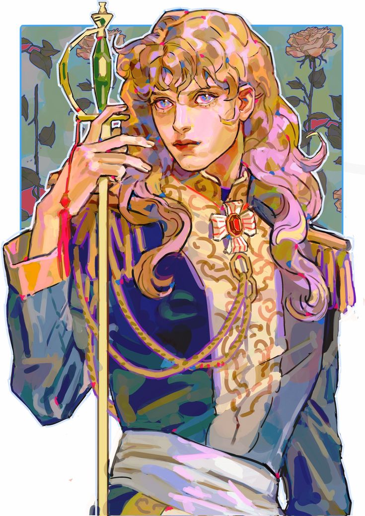 the image is a vibrant digital painting or illustration of a stylized male character. he appears to be of noble or high military rank, judging from his ornate uniform which includes gold detailing and a jeweled decoration. his long, blond and pink hair cascades down his shoulders. he holds an ornate sword or scepter. the background features a decorative pattern with roses, adding to the image's regal and elegant tone. the artwork uses a mix of painterly textures and vibrant colors that give it a dynamic, almost whimsical feel. the style has elements of anime or manga but with a more painterly approach.  the overall mood is one of sophisticated fantasy.