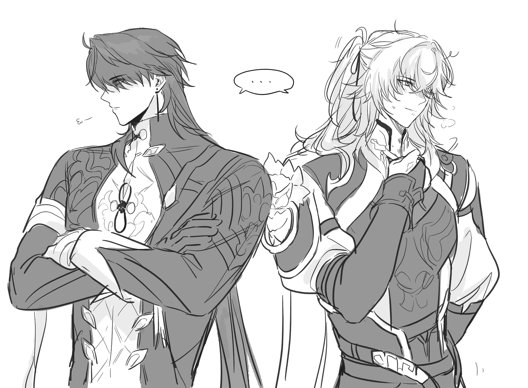 this is a black and white sketch of two male anime characters. the character on the left is standing with their arms crossed, looking away, and slightly blushing. the character on the right is blushing and looking away. the character on the left is wearing a long coat with ornate patterns, while the character on the right is wearing a more casual shirt and pants. both characters are in a standing pose.