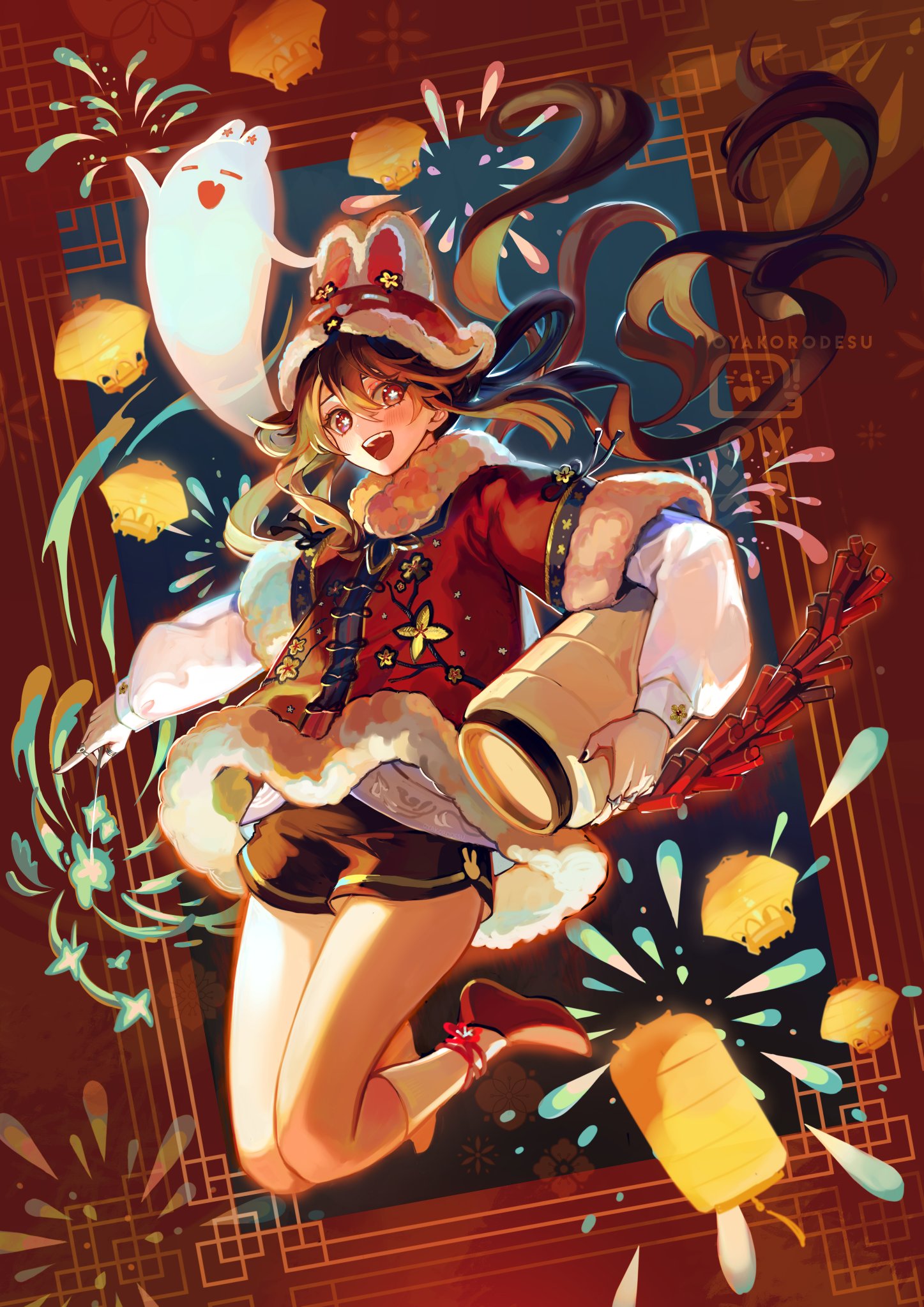 the image is a vibrant depiction of an anime girl dressed in a traditional chinese red and gold kimono, celebrating chinese new year.  she is smiling and holding a lantern, surrounded by red and gold fireworks, and golden lanterns that light up the festive atmosphere. the girl's expression is full of joy and excitement.