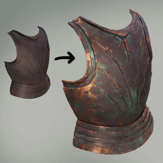 the image showcases a digital 3d model of a medieval knight's breastplate. the left side presents a clean, sculpted base model of the armor, highlighting its form and segmentation. on the right, the same model is transformed with a realistic copper material. this material is rendered to depict the effects of time and exposure, showcasing a beautifully textured surface of verdigris patina and rust in various shades of green, brown, and orange.  the transformation emphasizes the potential of digital art in recreating historical artifacts with incredible detail and realism.