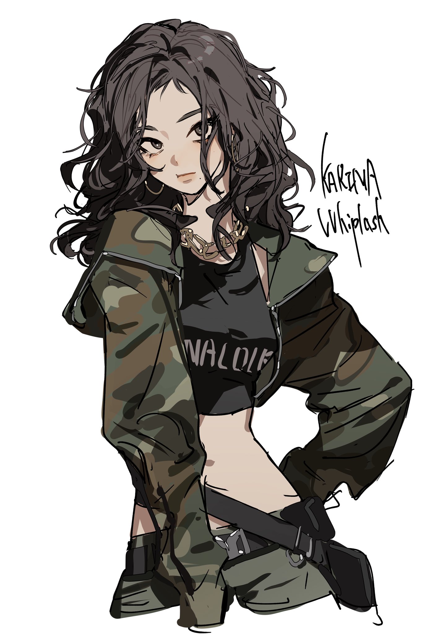 the image is a drawing of a girl in an anime style. she has brunette, wavy hair and is wearing a camouflage jacket over a black crop top that says "naldie" on it. she is also wearing a gold chain necklace and earrings. her outfit includes a belt with a gun holster and what appears to be a gun. the words "karina whiplash" are written on the right side of the image.