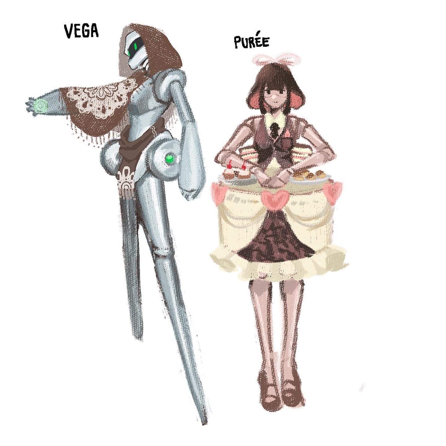two cartoon character, one is a robot girl with green eyes and metallic body, she is wearing a lacy white dress,  the other one is a girl with pink hair and brown eyes,  she is holding a tray of pastries. they are both standing in front of a white background. the robot girl is labeled "vega" and the girl is labeled "purée".  both characters are drawn in a cartoon style.