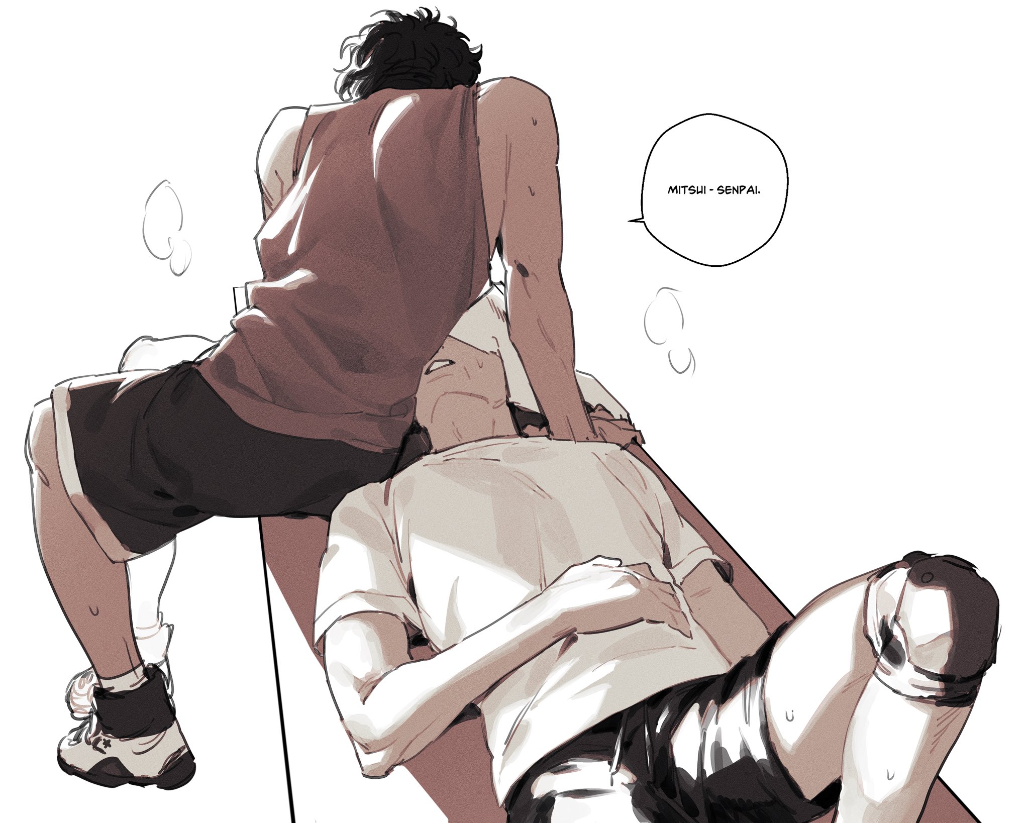 the image features two anime boys, one lying down on a mat and the other standing over him. both of them are in basketball uniforms. the boy standing over the other one is looking down at him with a concerned expression and says "mitsuisenpai." the lying boy looks tired and worn out. this image is likely from a popular anime, manga, or video game. the artist's style is reminiscent of a popular anime series and the image has a slight manga feel to it. the image may be depicting a scene where mitsui, the lying boy, is exhausted from a basketball game. the other boy is looking after him and seems to be taking care of his senpai. this image is likely a fanart of a popular anime series.