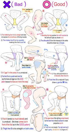 a drawing tutorial explains how to draw legs. the tutorial shows both good and bad examples of how to draw legs, and it provides written explanations of the mistakes that are being made in the bad examples. the tutorial also includes some helpful diagrams that show the underlying anatomy of the legs.