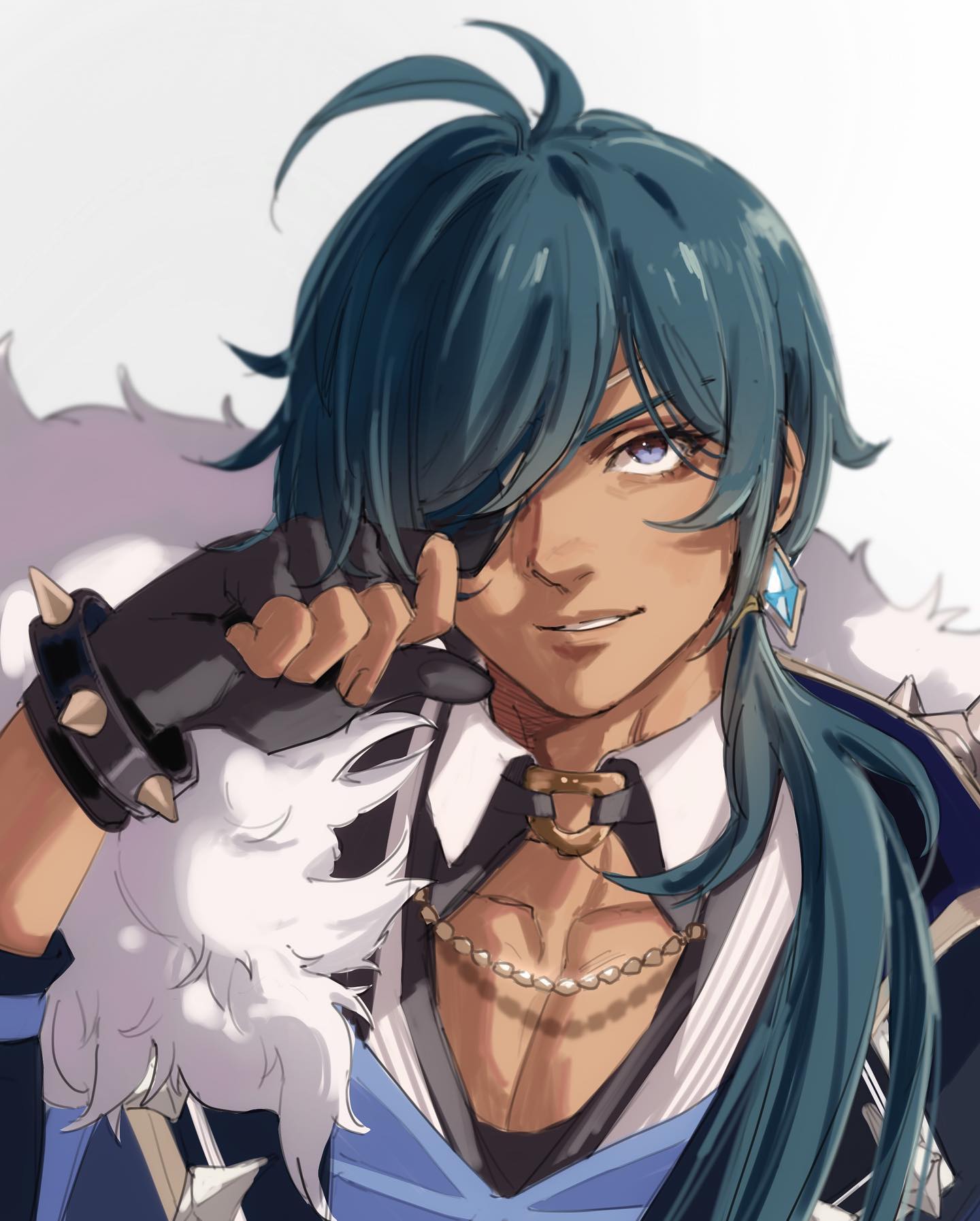 this is a digital illustration of kaeya alberich from the video game genshin impact. he is shown from the chest up, with his head turned slightly to the side and a confident smirk on his face. he is wearing his signature outfit, which includes a blue coat with white fur trim, a black eyepatch, and a necklace with a pearl pendant. the background is plain white, and the lighting is soft and flattering.