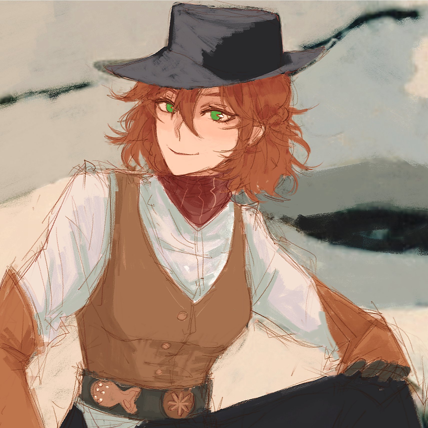 the image is a digital painting or illustration of a female character. she has shoulderlength, reddishbrown hair, bright green eyes, and is wearing a darkcolored cowboy hat, a lightcolored longsleeved shirt, and a brown vest with a distinctive belt buckle.  the art style is loose and painterly, with visible brushstrokes giving it a textured look. the background is a blurry wash of muted colors suggesting a landscape. the character has a confident and somewhat playful expression, smiling subtly at the viewer. the overall style is whimsical and artistic, blending elements of a western theme with a slightly fantastical aesthetic.