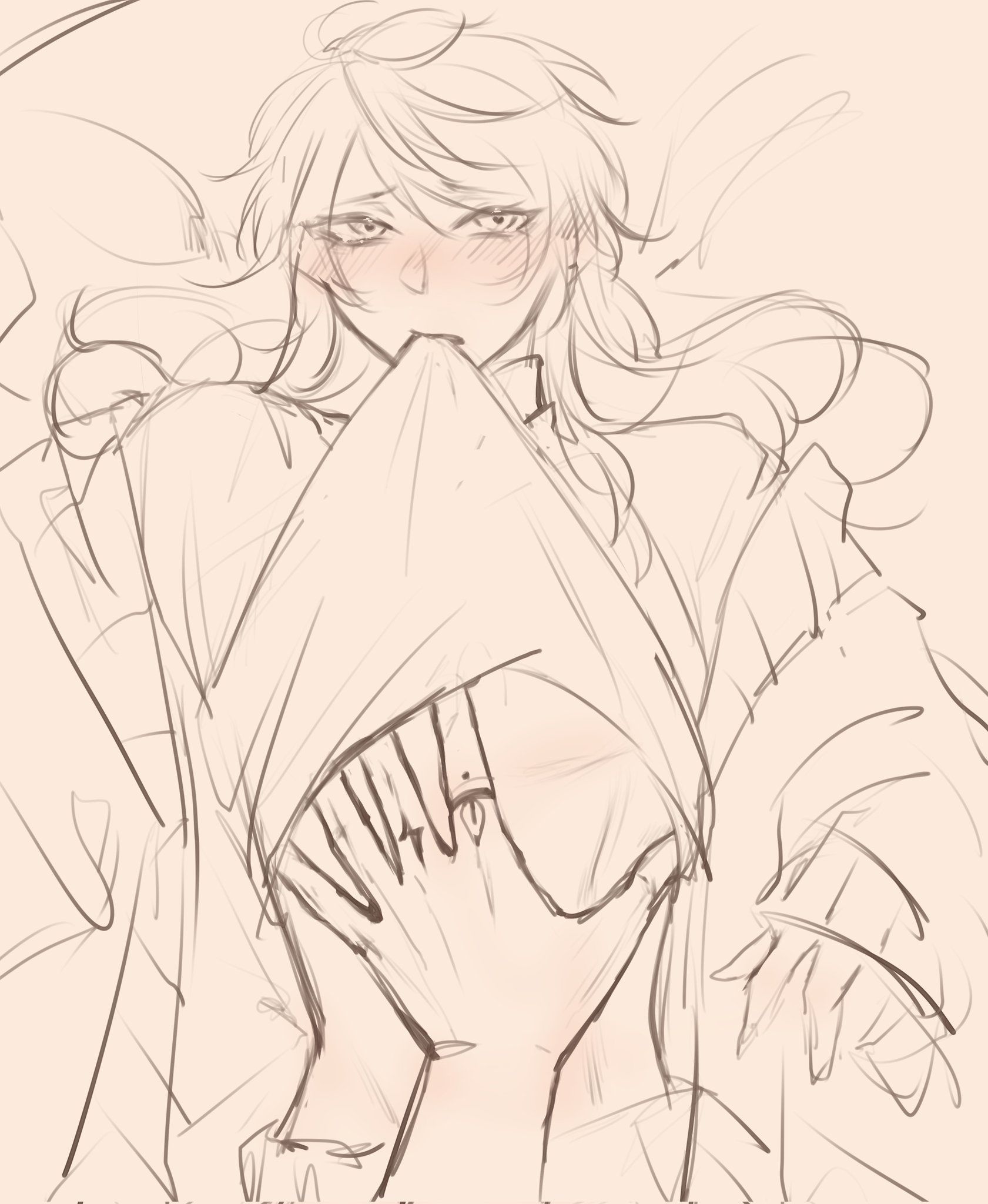 a pencil sketch of an anime boy with long hair, his eyes are closed and he is blushing. his hand is covering his mouth and you can see the hand