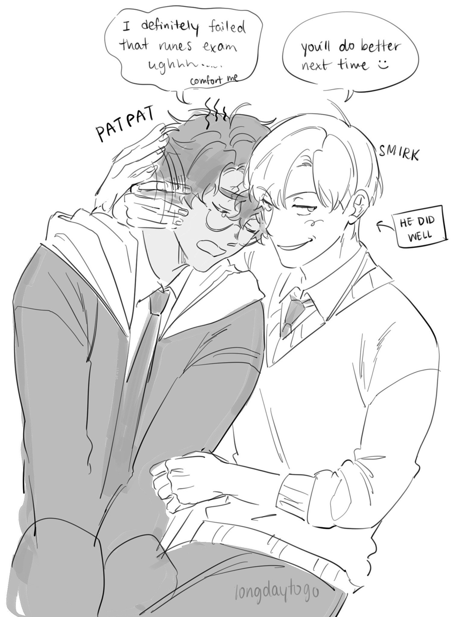 the image is a grayscale digital drawing or sketch in an anime/manga style. it depicts two young men in what seems to be a school setting. one is visibly upset, having failed a runes exam. the other comforts him with a hug, pats his head, and offers words of encouragement. the supportive friend smirks slightly, indicating a hint of playful teasing.  the overall mood is heartwarming and depicts a close, affectionate relationship between the two characters.  text bubbles convey their thoughts and dialogue. the style is loose and expressive, typical of many online fan art pieces.