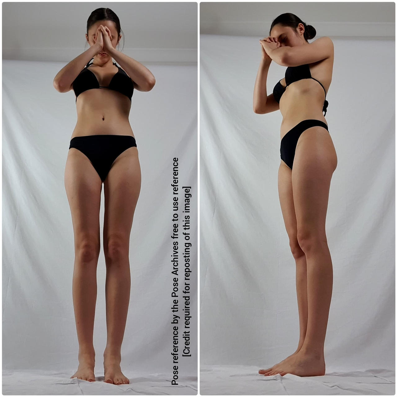 a woman in a black bikini stands with her hands covering her face, showcasing a fullbody pose. two perspectives are provided: a front view and a side view. the backdrop is a plain white studio setting with even artificial lighting.