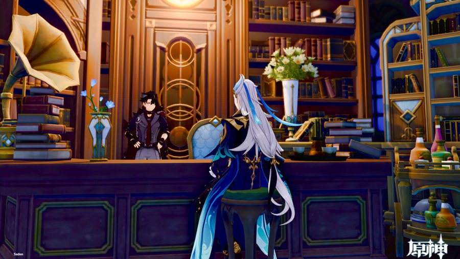 this is a screenshot from the video game genshin impact. it shows two characters, aether (or lumine, depending on the player's choice) and another npc, standing behind a large wooden counter in a richly decorated library.  books line the walls in shelves. a gramophone is visible in the corner, along with a vase of blue flowers and other decorative elements. the scene suggests a moment of conversation or interaction between the characters. the overall style is animeinspired fantasy.