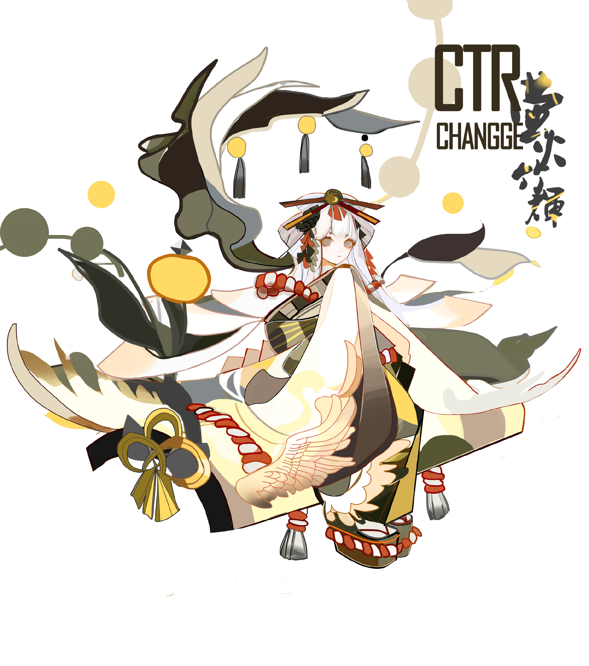 this is a digital illustration of a female anime character. she is wearing an elaborate white and gold kimono with floral patterns and bird wings design. the character has long white hair with traditional japanese hair ornaments. the background is plain white and the lighting is soft and bright.