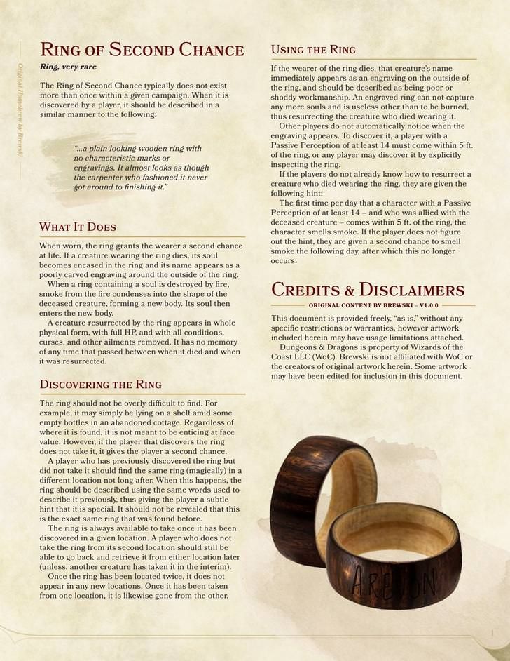 this is a document page describing the ring of second chance, a rare magic item in the dungeons and dragons roleplaying game. the document covers the ring's properties, how to use it, how to discover it, and its limitations. the document also includes a detailed description of how the ring works and what it does. the document includes some artwork that shows the ring with some of the text from the document, on the ring's band, in an ornate font.