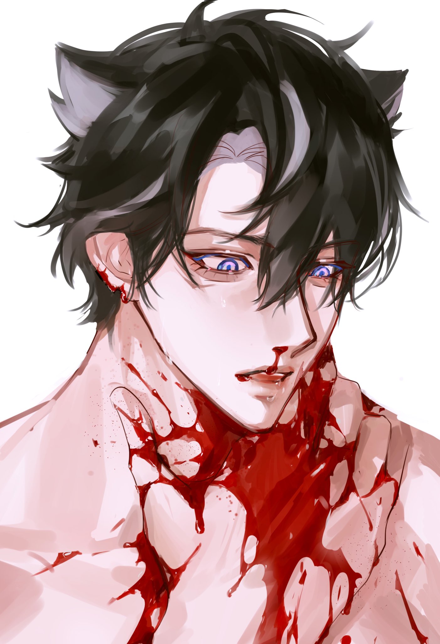 the image depicts an anime character, likely male, with cat ears, covered in blood. his expression is one of intense pain and sadness, suggesting a traumatic event or injury. the bloody imagery and the character's posture create a sense of vulnerability and distress.