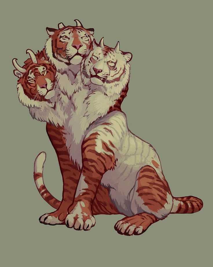 the image depicts a threeheaded tigerlike creature with small horns on each head. the creature is seated, with its front paws visible. one head is white with redbrown stripes, another is orange with black stripes and the third is a mix of both. the creature has a mane and tail. the style is illustrative and reminiscent of digital art. the background is plain and muted green.