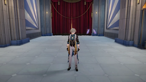 the image is a still frame from the video game genshin impact, showcasing the character scaramouche (also known as the balladeer)  in a formal outfit. he's standing in a large, ornate hall with a red curtain in the background and blue and white striped walls. the floor is tiled, and the overall setting appears to be a palace or grand building. scaramouche is standing still, suggesting an idle animation within the game. there are also faint, purplish butterflies or particles floating near the background.