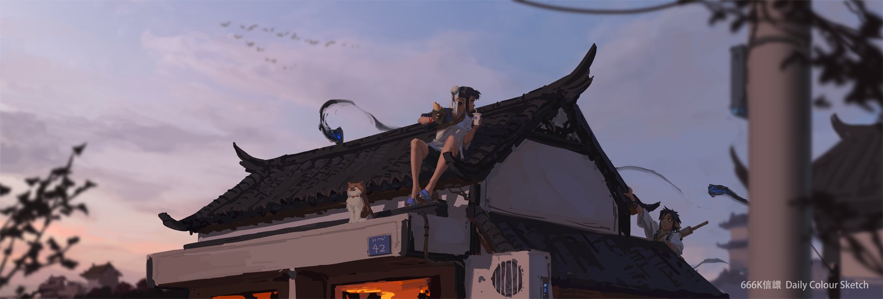 the image is a digital painting in an anime/manga style, depicting a young woman with pointed ears, reminiscent of an elf or similar fantastical being, sitting on the rooftop of a traditional chinesestyle building at sunset. she is casually dressed and appears relaxed, enjoying a snack and a drink. a cat sits beside her. another figure is visible in the lower right, partially obscured, also on the rooftop, seemingly involved in some sort of activity, suggesting an otherworldly element with flowing blue energy effects.  the overall mood is serene and peaceful, with warm sunset colors contrasting against the cool blues of the magical elements. the style is painterly and slightly impressionistic, with visible brushstrokes and soft edges. a watermark indicates that it's a "666k daily colour sketch".