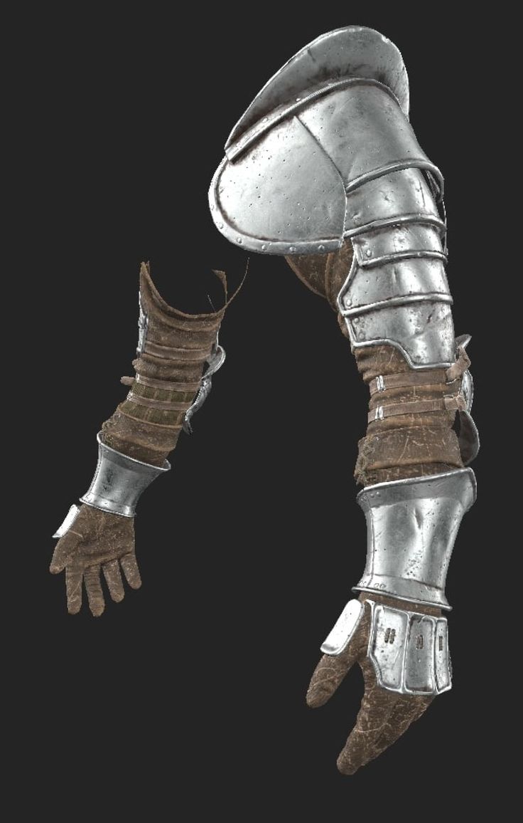 the image displays a highresolution 3d render of a detailed, worn medieval knight's arm armor.  the model showcases both the upper and lower arm pieces, including pauldrons (shoulder guard), vambraces (forearm guard) and gauntlets (hand protection). the armor appears metallic, possibly steel, with a tarnished, aged texture.  sections of leather or fabric are visible beneath the metal plates, showing signs of wear and tear. the armor pieces are presented in a way which appears to be meant for a video game or digital artwork. the background is a plain dark grey, allowing the armor to be the clear focal point.  the overall presentation suggests a weathered and battlehardened piece of equipment.