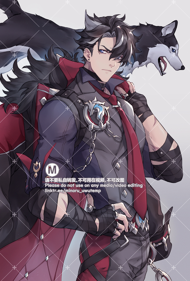 this illustration features an anime male character in a stylish suit and a wolf companion by his side. the character has dark spiky hair and striking blue eyes, giving off a cool and confident demeanor. he wears a grey suit with a red tie and black gloves, paired with a silver necklace adorned with a wolfshaped pendant. the character's expression is serious, and his eyes seem to hold a sense of determination. the wolf beside him is white with blue eyes, contributing to the overall dark and mysterious vibe of the artwork. the background is a simple gray, allowing the characters and their details to take center stage.