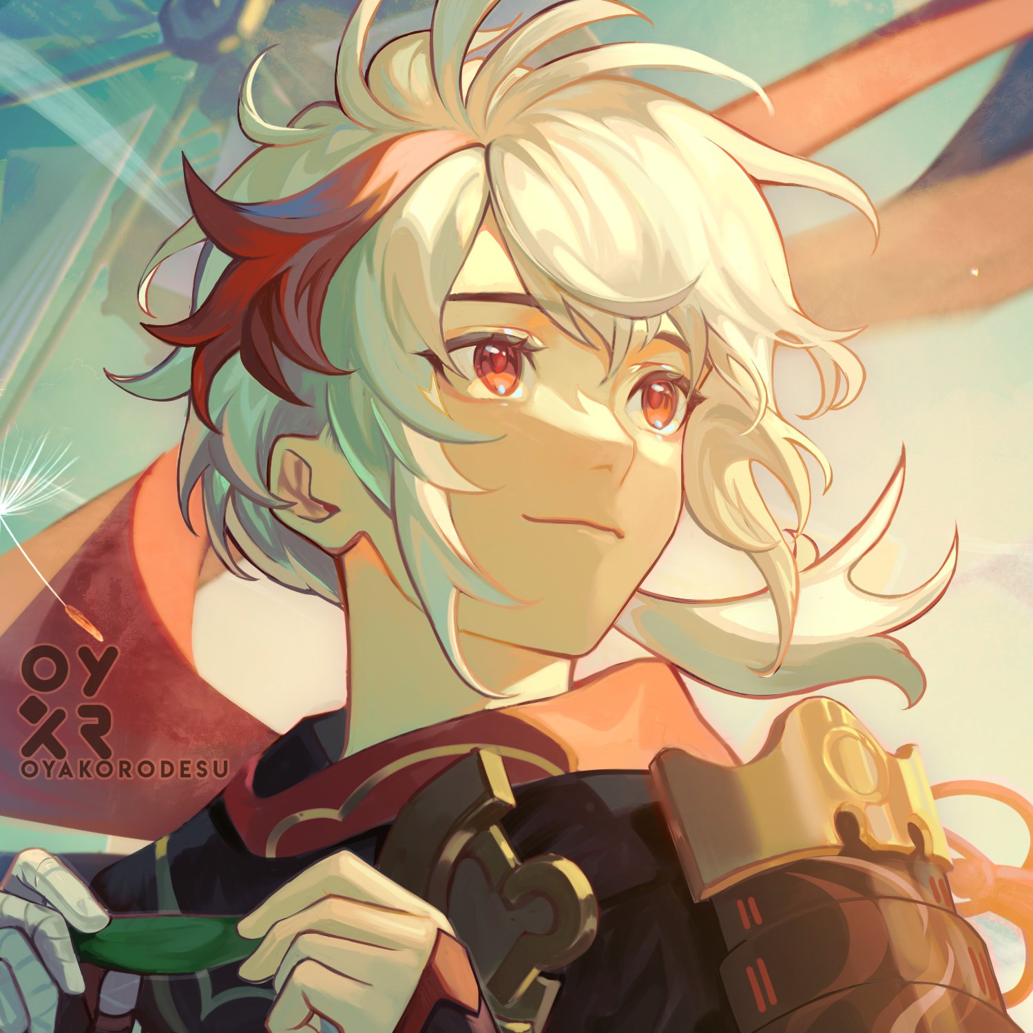 a portrait of a young anime girl with white hair and red eyes. she is wearing a red scarf and a black outfit. she is looking up with a smile on her face. the background is blurry and features a mix of colors.