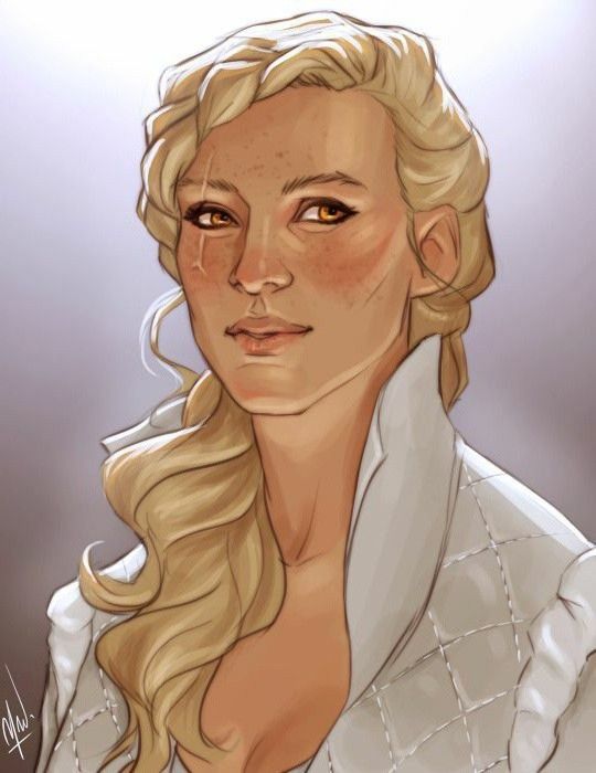 the image is a digital painting or illustration depicting a portrait of a woman. she has long, blonde, wavy hair styled up, and noticeable freckles across her face.  her eyes are a striking golden color. she's wearing a white, quilted jacket or coat with a high collar, giving her an elegant and possibly noble appearance. the style is realistic, yet subtly stylized, with soft lighting and a focus on her features and expression, which is one of calm dignity. the overall aesthetic suggests a character from fantasy or historical fiction.
