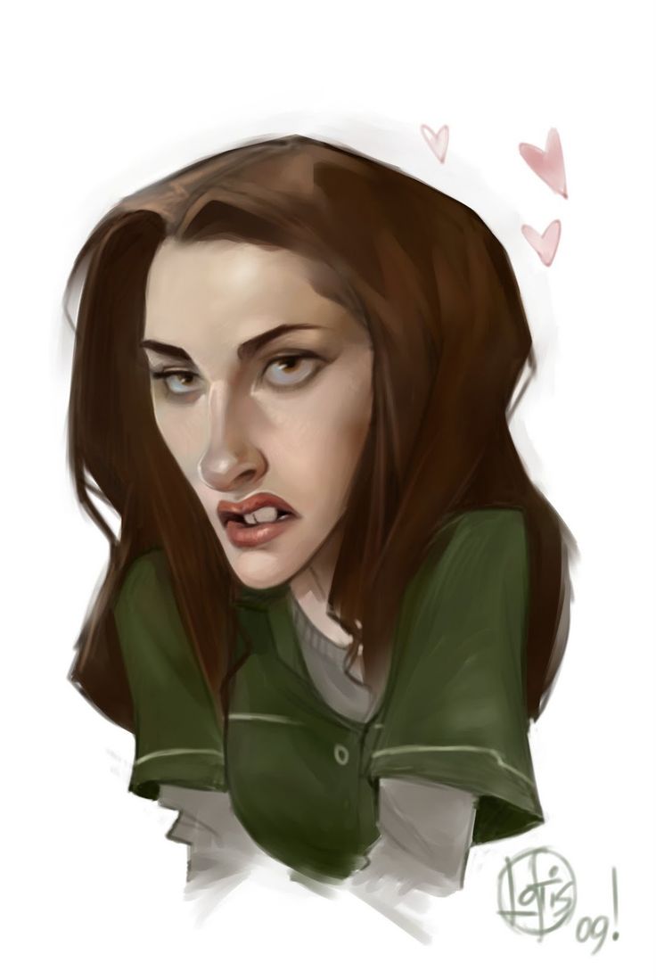 a digital caricature illustration of kristen stewart as bella swan from the twilight movie series. she is depicted with exaggerated features, looking annoyed, and is wearing a green shirt. there are small hearts drawn around her head, and the artist's signature is visible in the bottom right corner.