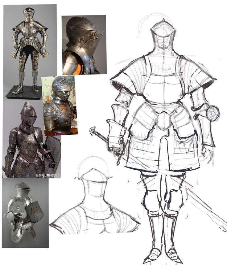 the image is a collage of various elements related to medieval knightly armor. it features several photographs of actual suits of armor from different angles and periods, showing details like helmets, breastplates, pauldrons, and tassets.  in addition, there's a detailed pencil sketch of a knight in full plate armor, possibly for concept art or design purposes. this sketch shows the armor's construction and flow, with attention to detail in the proportions and the articulation of the joints. the juxtaposition of real and sketched examples provides a multifaceted view of the subject, combining historical accuracy with artistic interpretation.  the various armor pieces shown differ slightly in design, suggesting a range of styles within the era.