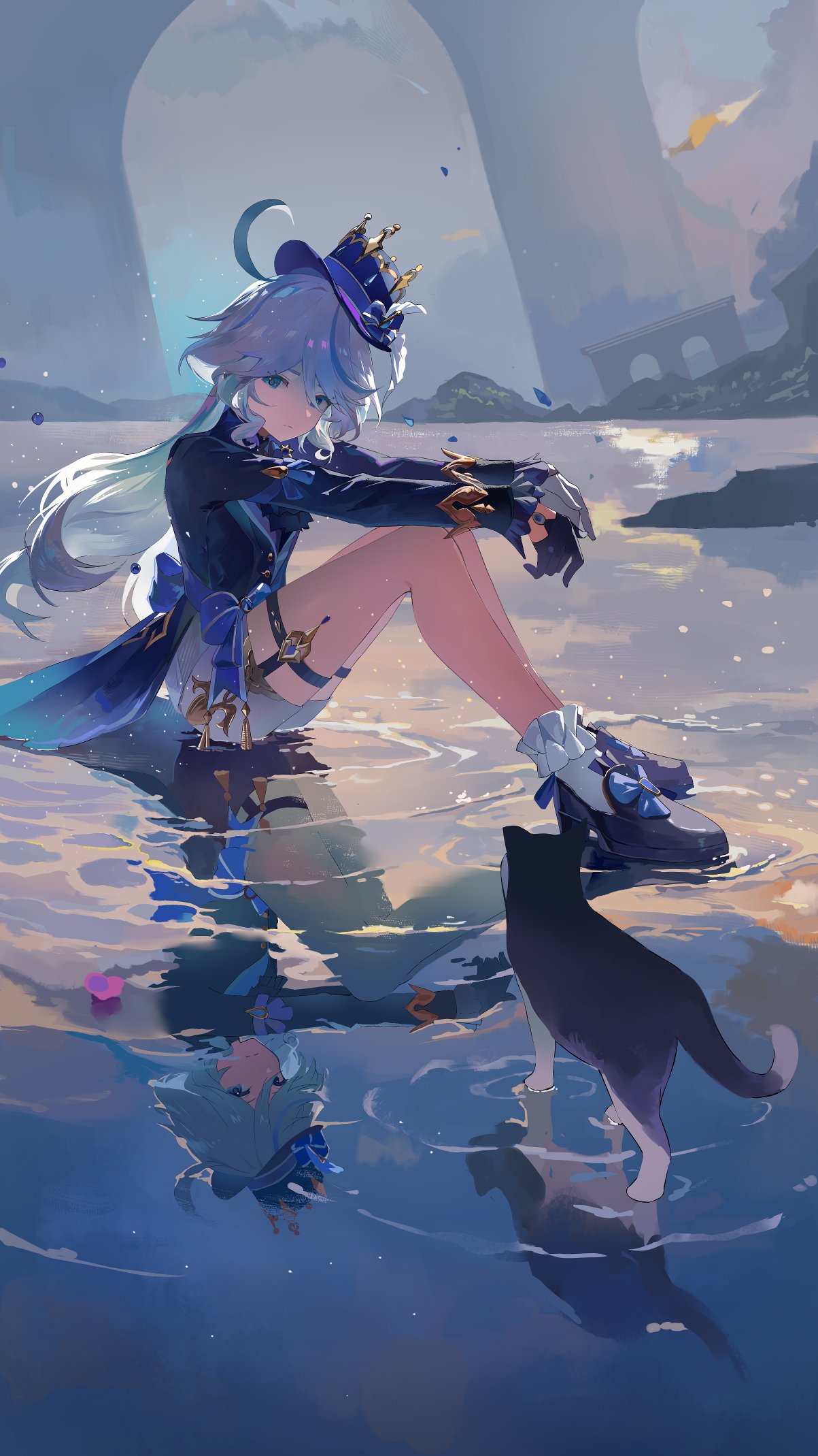 a young woman with long white hair and a blue and black outfit sits on a partially submerged stone platform in shallow water. she wears a large hat with a crescent moon motif. her reflection is visible in the water below. a black and white cat sits beside her, also reflected in the water. the scene is set against a backdrop of a sunset sky with warm colors and a ruined archway in the distance.