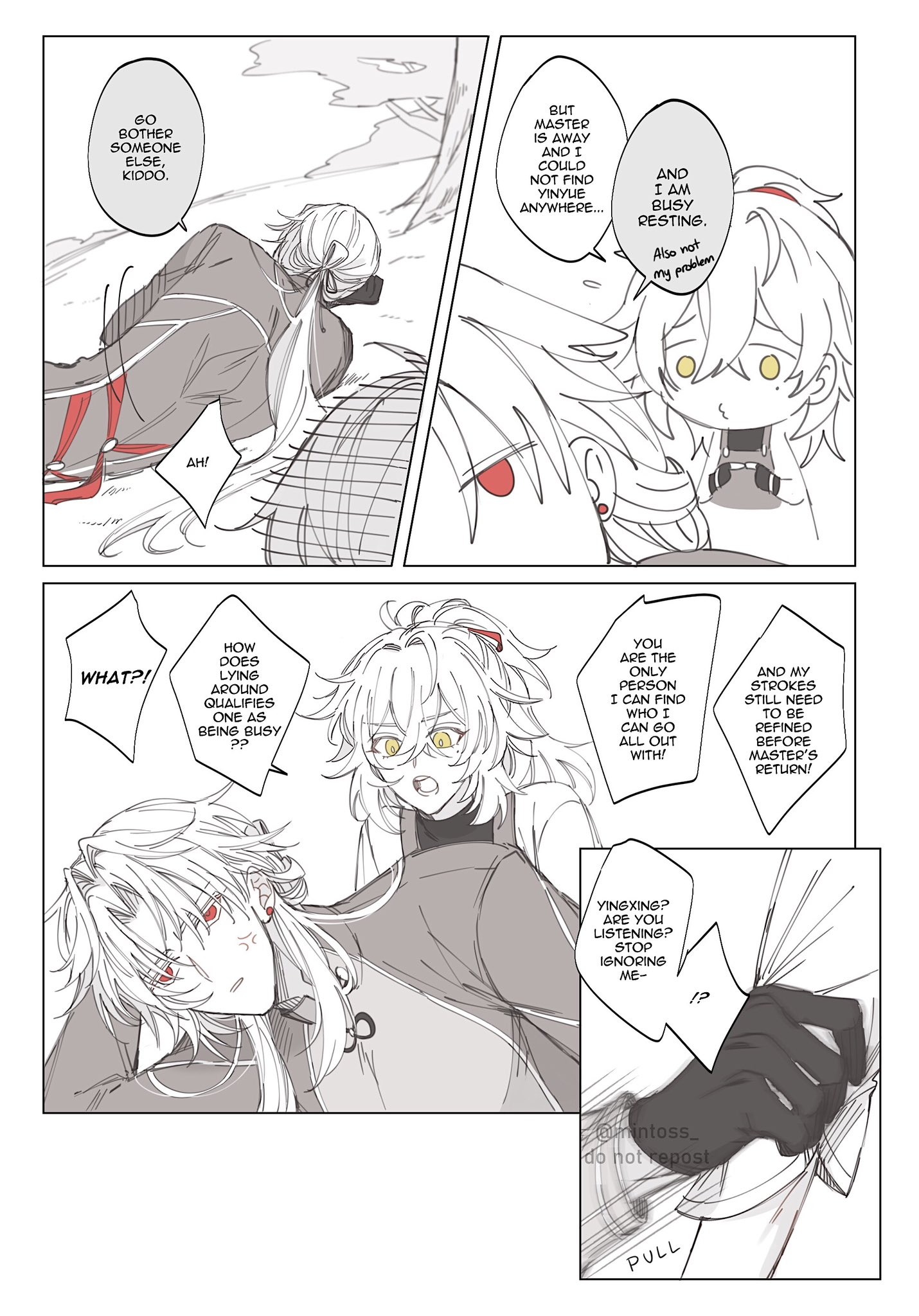 this is an animestyle comic panel showing two boys talking. the boy on the left has white hair and red eyes, and he's lying down with his back towards the viewer. the boy on the right has black hair and green eyes and he is standing. they are both in conversation, and the text bubbles show what they are saying.  the image is drawn in a light and airy style, and the characters have expressive faces. the focus is on the conversation between the two boys, and the image conveys the feeling of a lighthearted interaction.