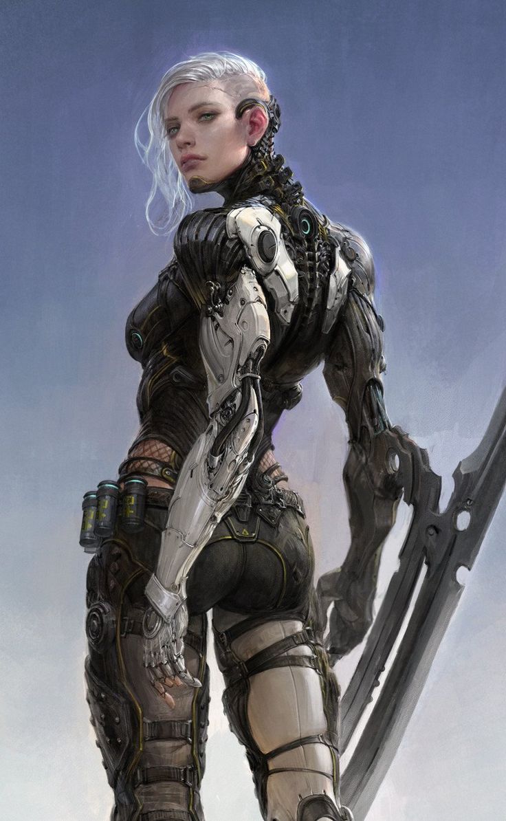 this is a digital illustration of a female cyborg warrior in a cyberpunk setting. she is standing with her back to the viewer, her left hand resting on her hip, and her right arm reaching out to hold a large blade.  the cyborg is clad in black and silver armor, with a white robotic arm. she has silver hair that is pulled back from her face, revealing a determined expression on her face.  the background is a simple light blue, which emphasizes the cyborg warrior’s form.