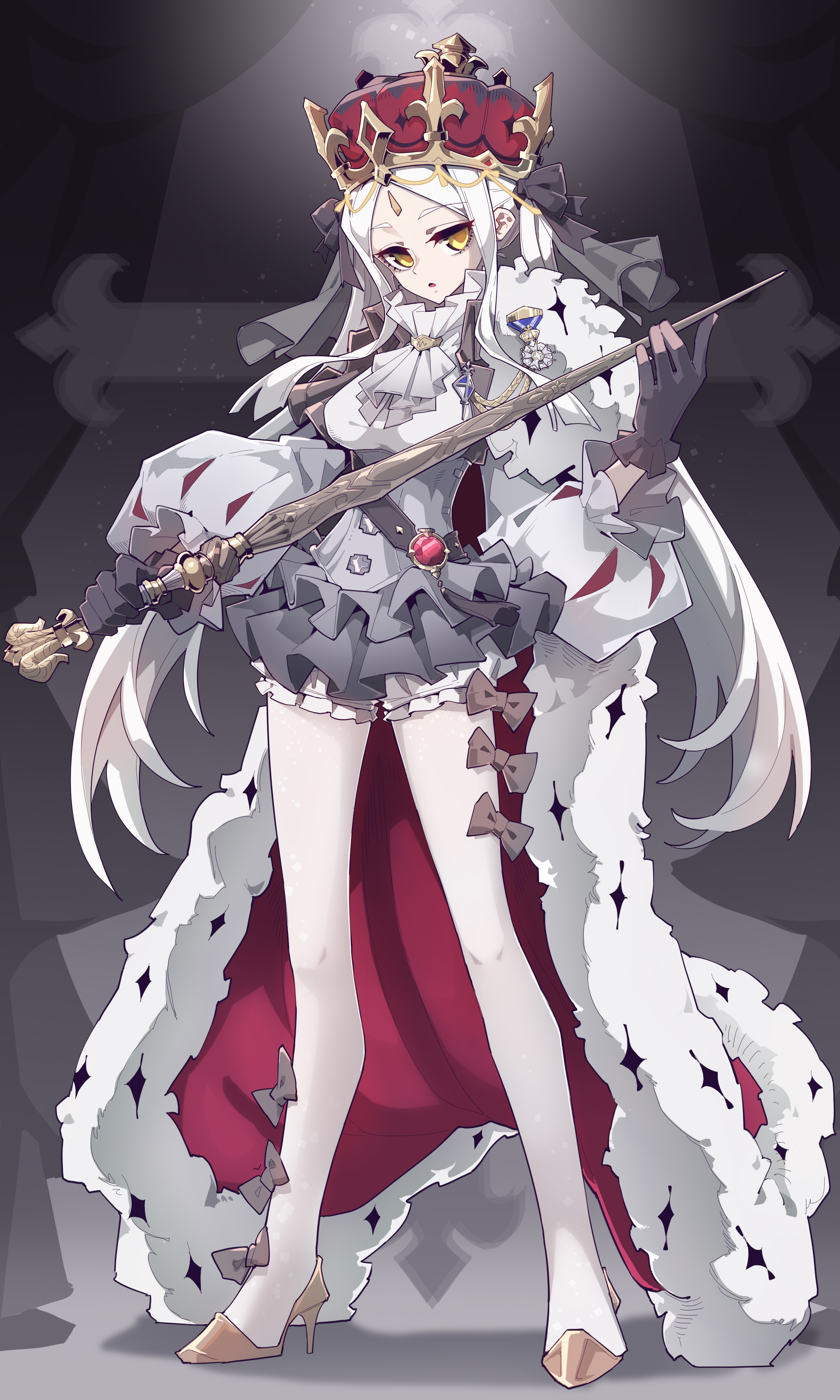 an anime girl with white hair and yellow eyes stands confidently, adorned in a red and gold crown. she is wearing a grey dress with multiple layers of ruffles and a white robe with a red lining and black diamondshaped markings. the robe is trimmed with fluffy white fur. she holds a gold scepter in her gloved hands, and the overall background is a muted grey with a hint of stagelike lighting.