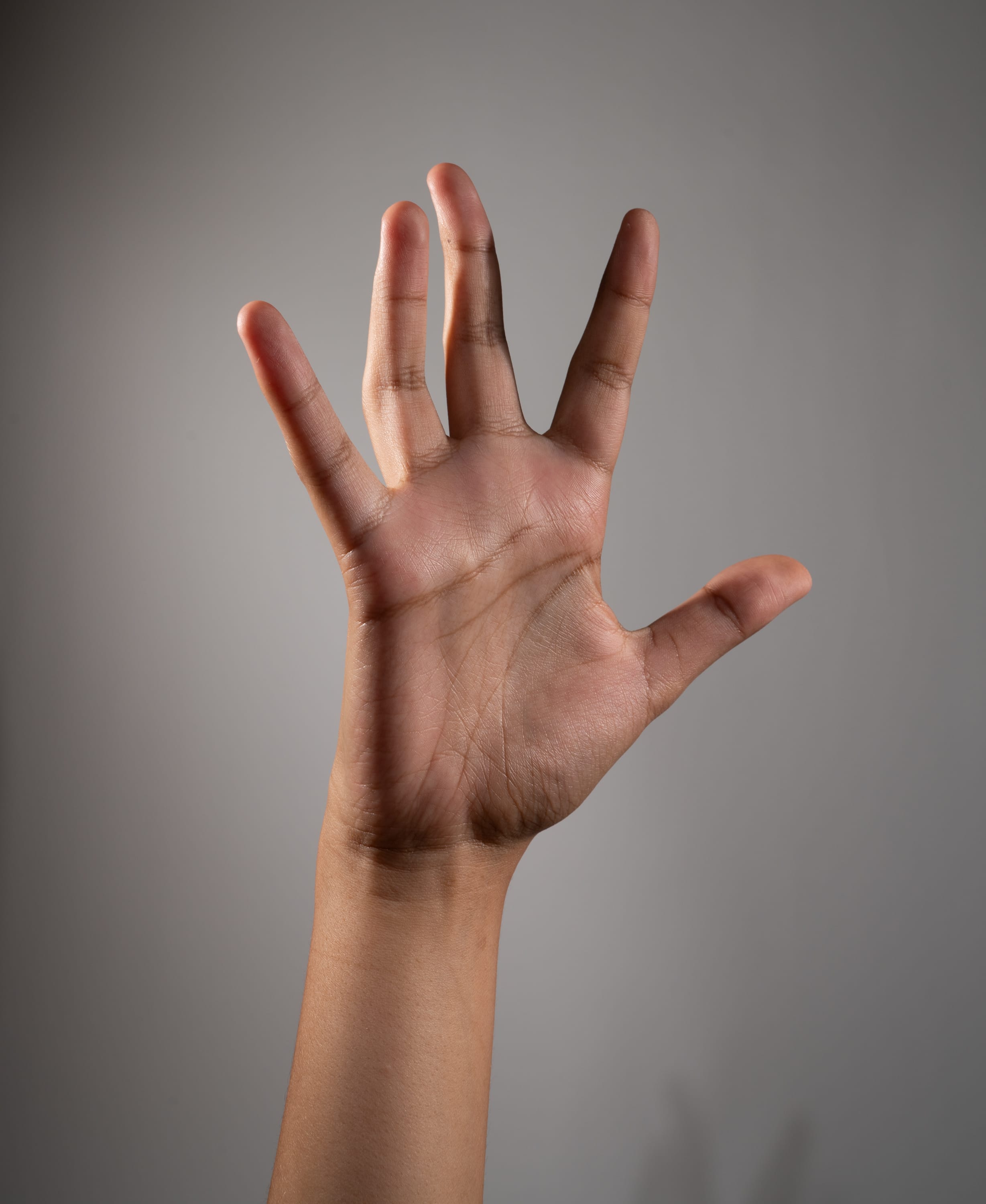 a single hand is held up against a solid gray background, fingers spread wide. the hand is illuminated by a soft light source, casting a subtle shadow on the background. the focus is on the detail of the hand and its gesture, capturing the texture and subtle variations in skin tone.
