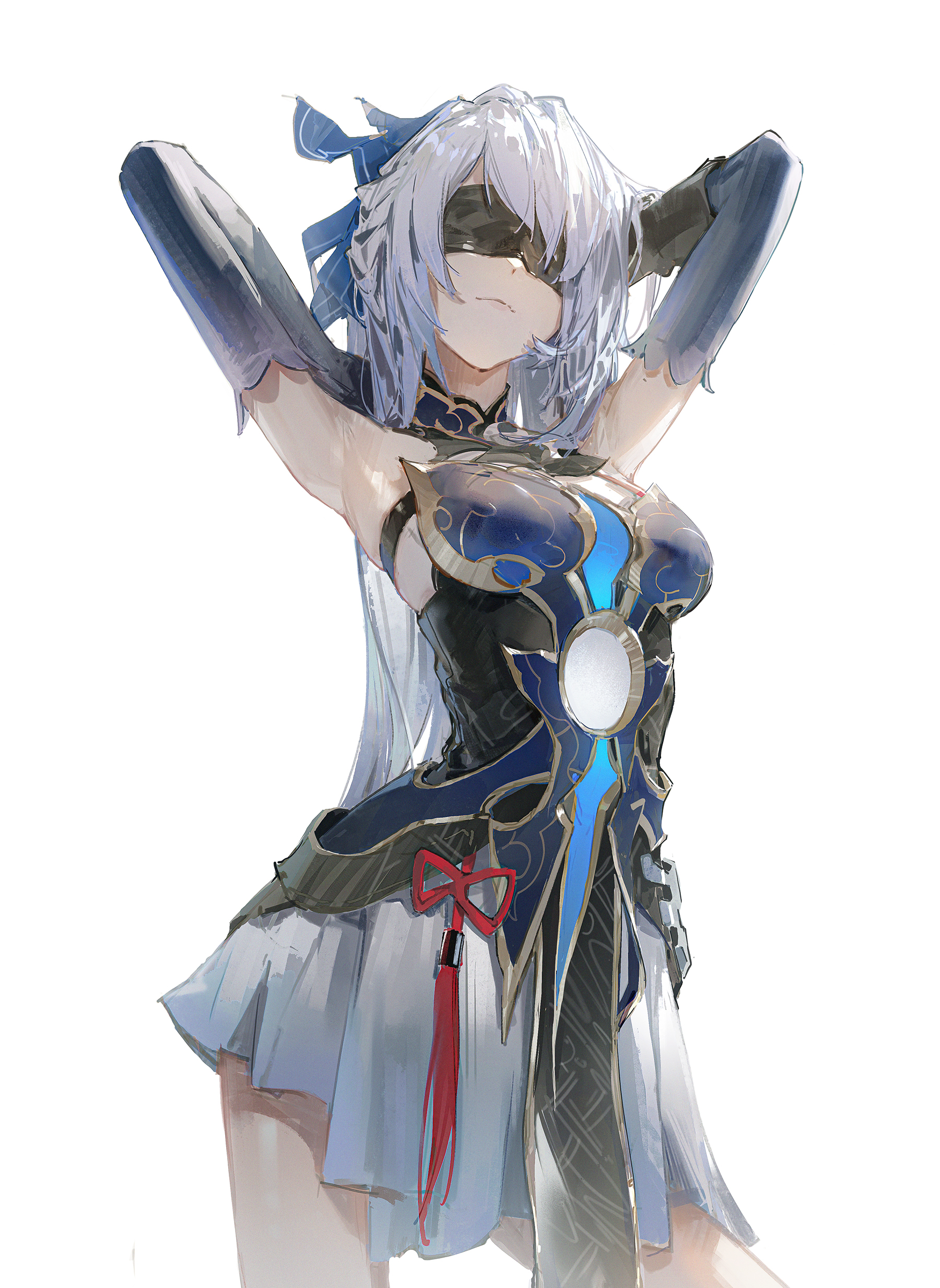 this image is a digital illustration of an anime girl with white hair, wearing a blue and black outfit with a blindfold over her eyes. she is holding her arms up over her head, and there is a red ribbon tied around her waist. the background is white.