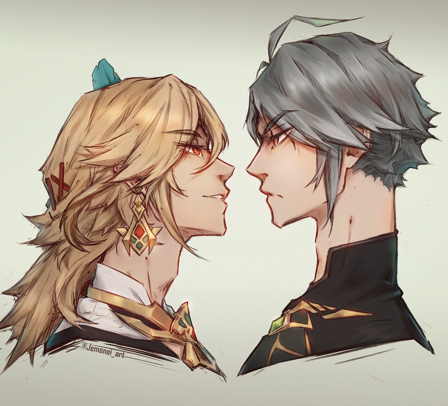 the image is a digital fanart depicting two male characters, likely from a video game like genshin impact, given their style.  they are positioned in profile, facing each other with a close proximity and intense gazes. one character has long, blonde hair styled with a decorative piece, and ornate gold earrings and clothing. the other character has silver, shoulderlength hair and wears dark clothing with gold detailing. the art style is smooth, stylized, and emphasizes a romantic or tense atmosphere between the characters. the background is a muted, offwhite. the overall impression is one of elegant, slightly mysterious character design.