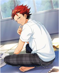 an anime boy with spiky red hair sits on a light gray floor with his knees pulled up to his chest. he wears a white, shortsleeved, buttondown shirt with the sleeves rolled up to his elbows, a black belt with a silver chain, and a blue and green plaid pants. the background is white with blue accents, suggesting a room. the boy is blushing lightly and has a thoughtful expression on his face, with one hand raised to his mouth. the overall tone of the image is soft and gentle.