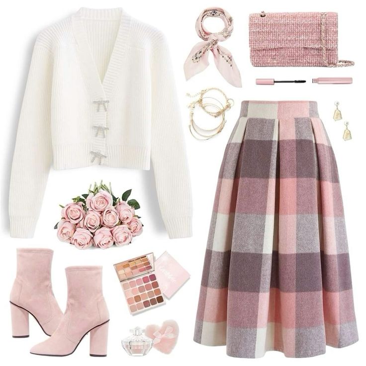 a flat lay photograph of a stylish feminine outfit for spring laid out on a white background. the outfit features a white cropped cardigan with pearl buttons, a pink and white plaid midi skirt, pink suede ankle boots, and a pink tweed clutch bag. the image also includes various accessories, including a pink floral scarf, gold jewelry, makeup, and a bouquet of pink roses.