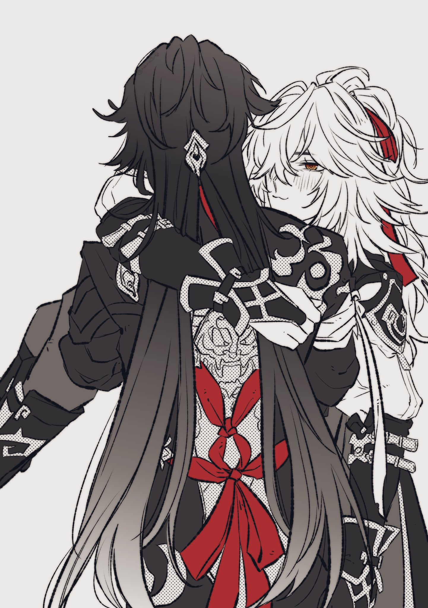 this is a digital drawing of two anime characters, a girl with long, black hair and a girl with long, white hair, hugging each other. the girl with black hair has a red bow tied around her waist, and the girl with white hair is embracing her from behind. both of them are smiling, and it appears to be a romantic, affectionate moment between the two of them. the drawing is done in a simple style with clean lines and minimal shading. the background is plain white, making the characters stand out. the overall tone of the drawing is sweet and tender.