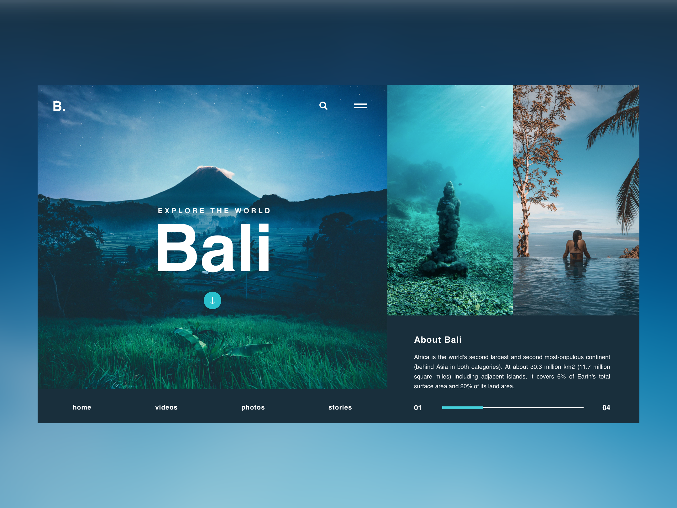 the image is a website homepage banner for a travel website or blog about bali. the banner features a beautiful photo of the balinese landscape, including a lush green rice paddy field, a majestic volcano in the background, and a clear blue sky. the banner also includes a text overlay that reads "explore the world bali," as well as navigation links to the home, videos, photos, and stories sections of the website. the image is designed to inspire travelers to visit bali and experience its unique culture, natural beauty, and exciting adventures.