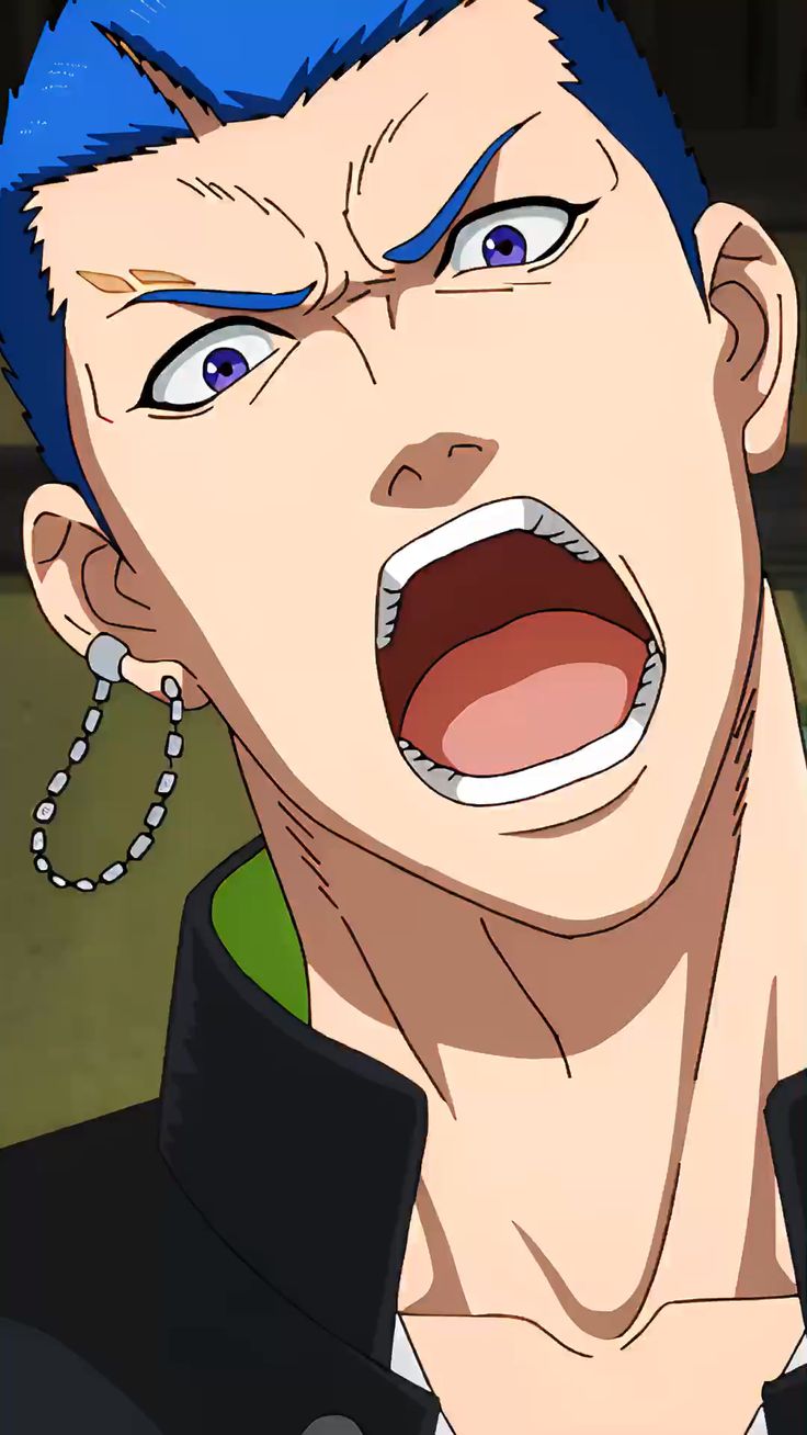 a closeup portrait of an anime character. the character has blue hair, green shirt, black jacket, and is angry with his mouth open, yelling, and his eyes wide open. the character is wearing an earring with a chain on his left ear.  the background is blurry.